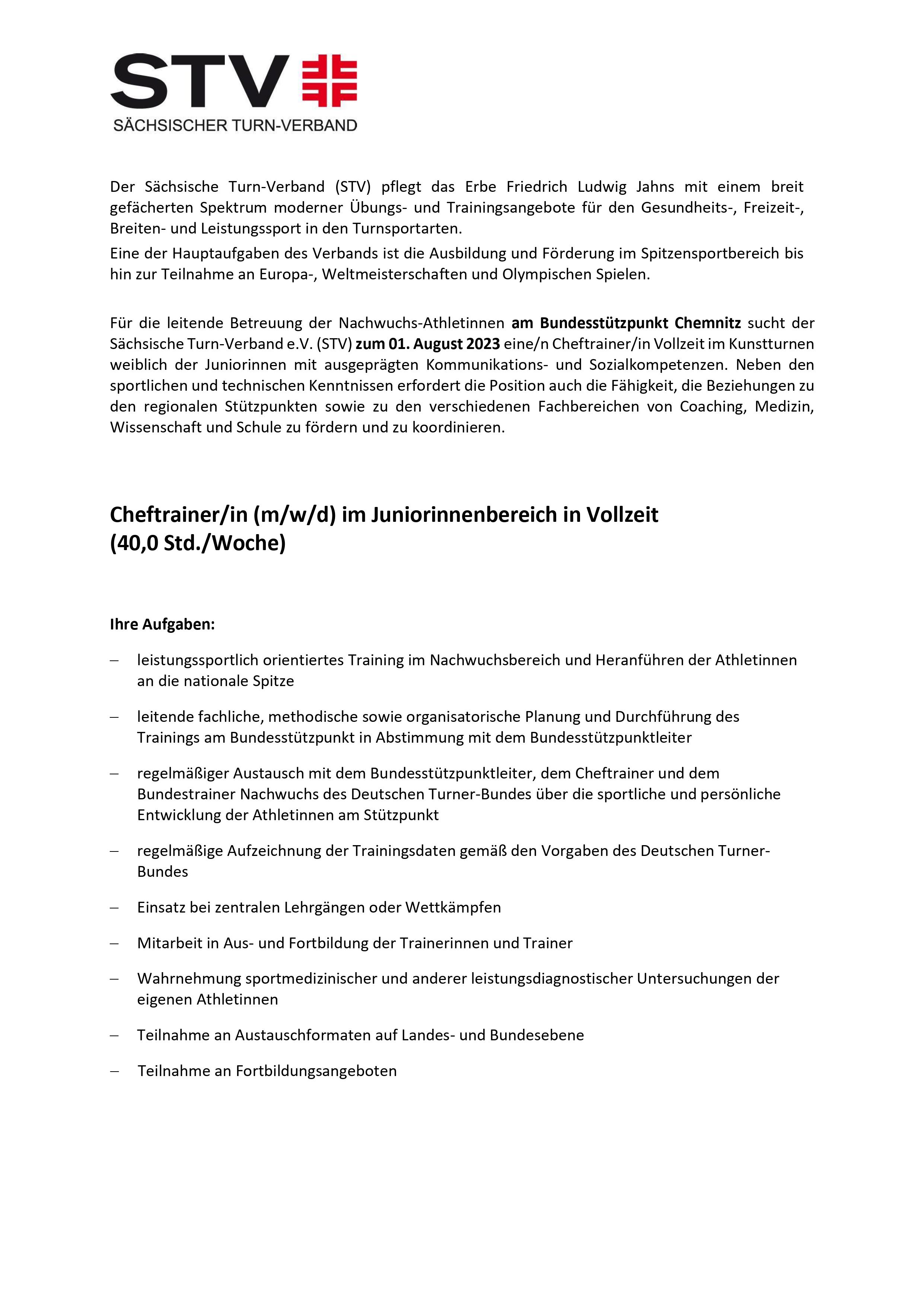 Stellenausschreibung Stützpunkttrainer wbl 1