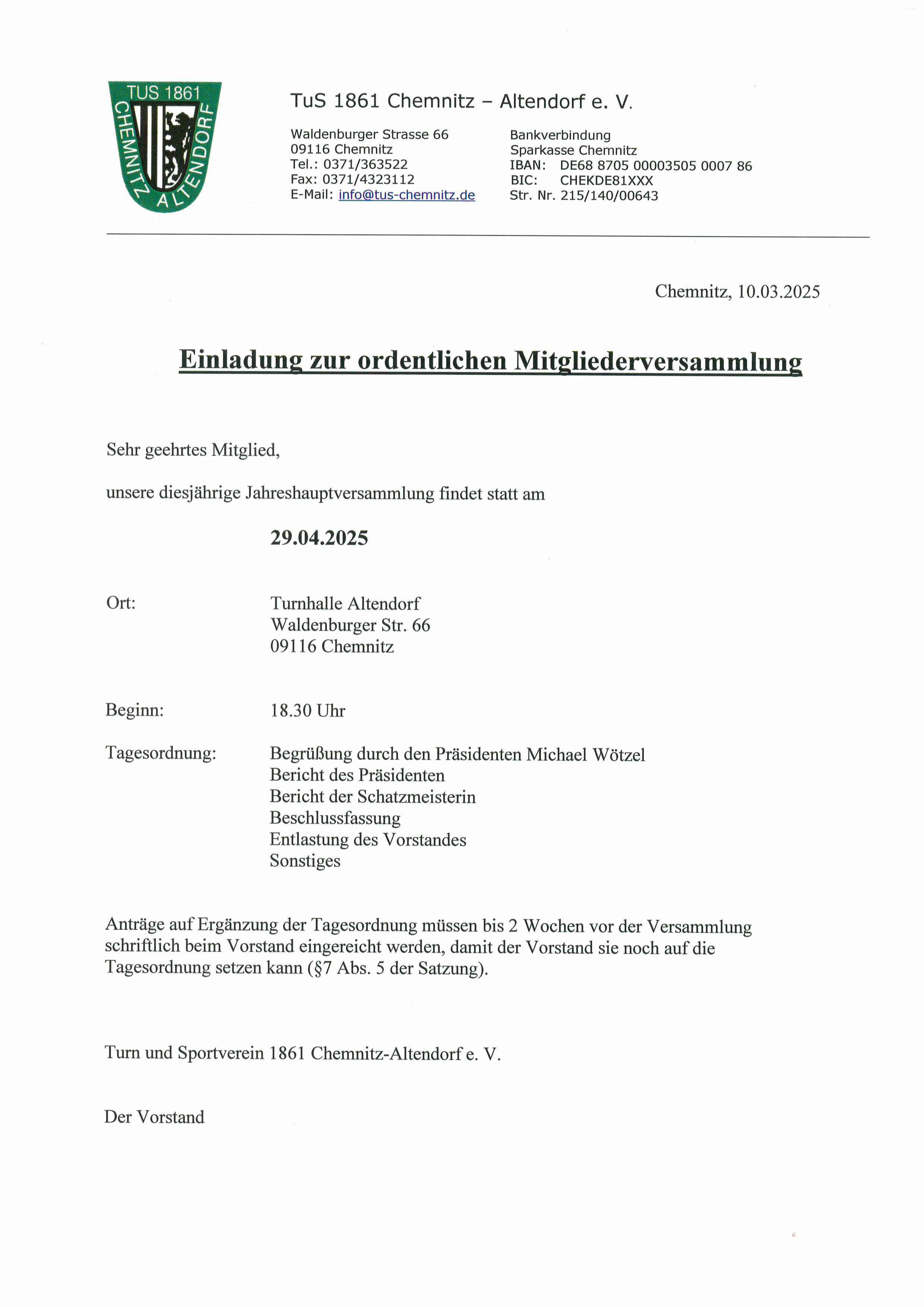 Einladung Jahreshauptversammlung
